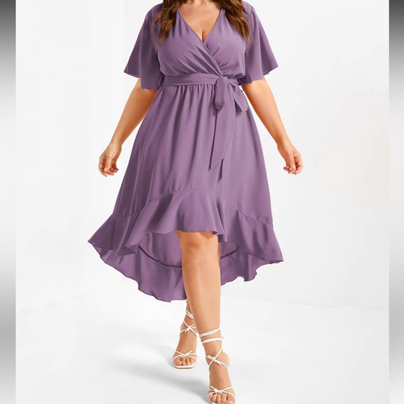 Bloom Dress - Solid Tie Surplice Ruffle High Low Dress - Picture 1 of 4